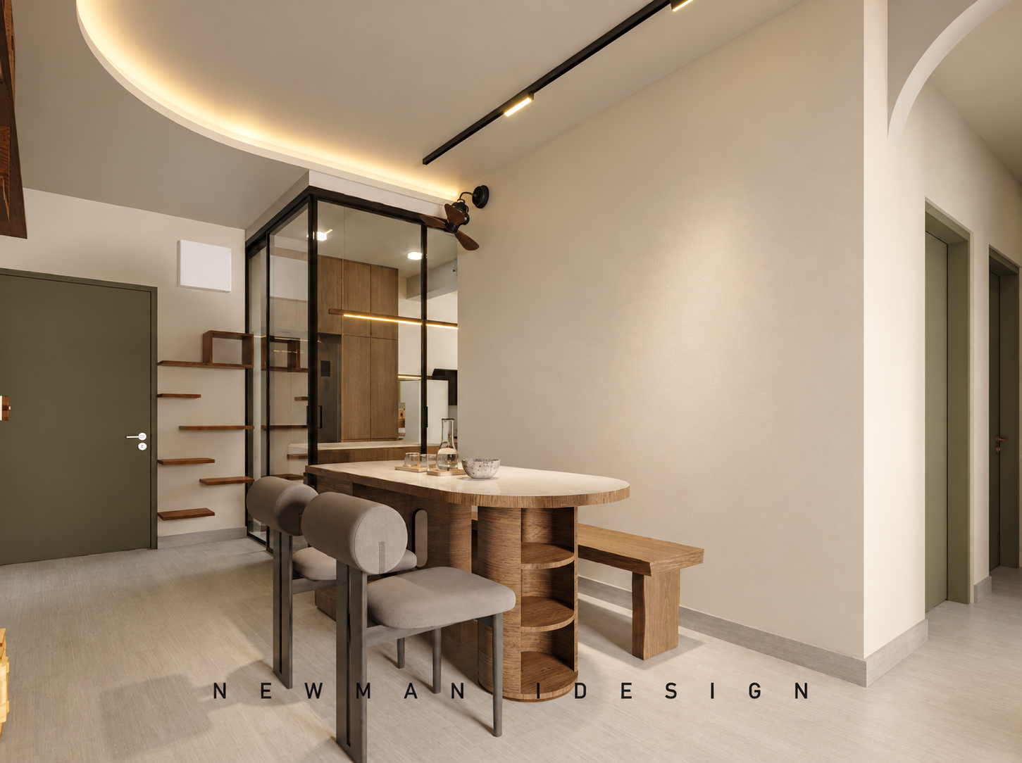 Minimalist Dining Hallway with Warm Wood Details