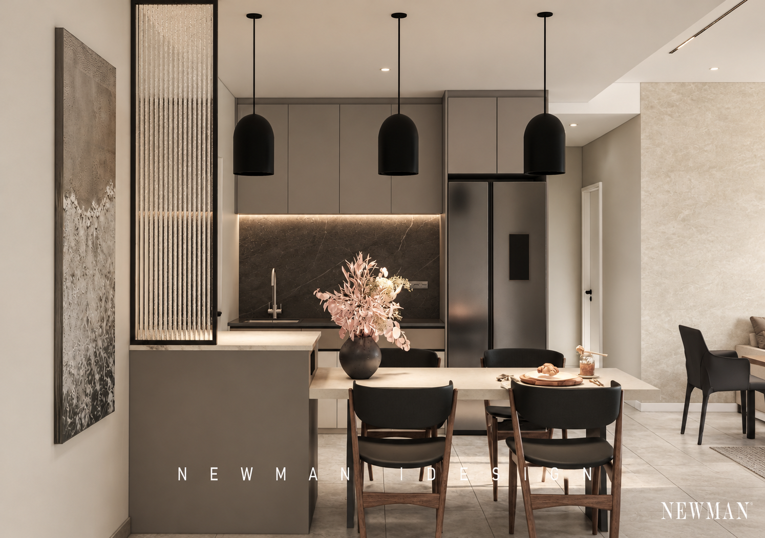 Warm Minimalist Kitchen and Dining Interior