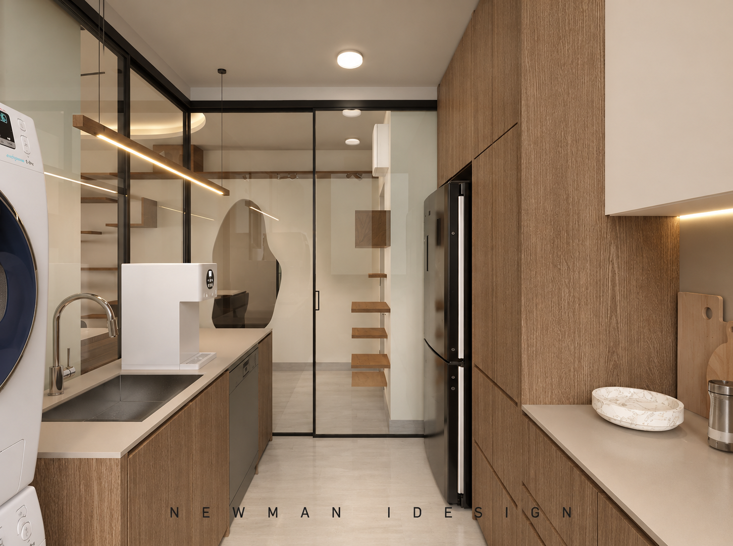 Warm Modern Galley Kitchen with Glass Doors